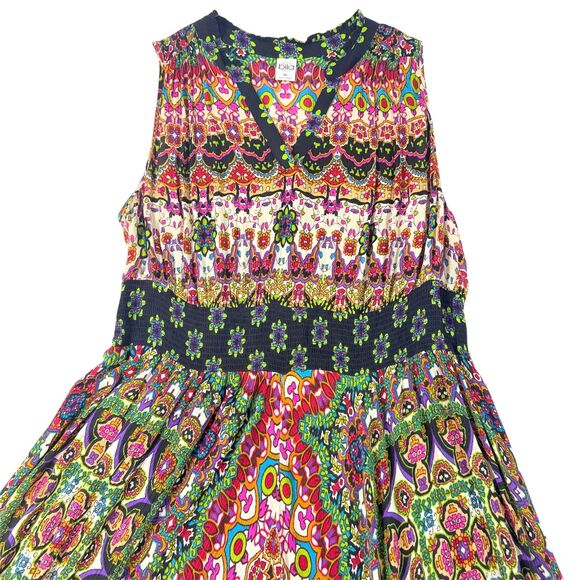 Bila Women XL Maxi Dress Multicolor Boho Paisley Smocked Waist Sharkbite Hem - Picture 4 of 10